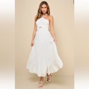 Lulu’s Effortless Sweetness White Ruched Lace-up Tiered Mini dress  Sz M